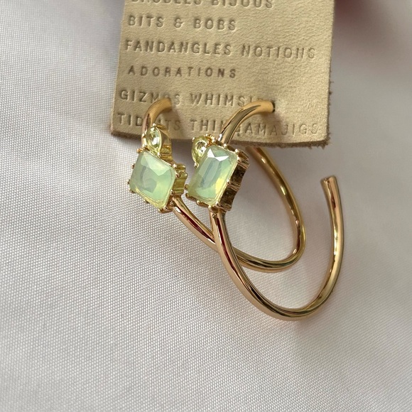 Anthropologie Mint Green Stone Gold Hoop Earrings Pale Green Stones - Picture 3 of 8